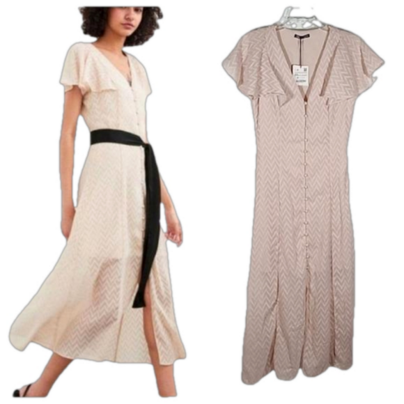 Zara Dresses & Skirts - NWT Zara Blush 4Pink Chevron Flutter Sleeve Midi Dress
